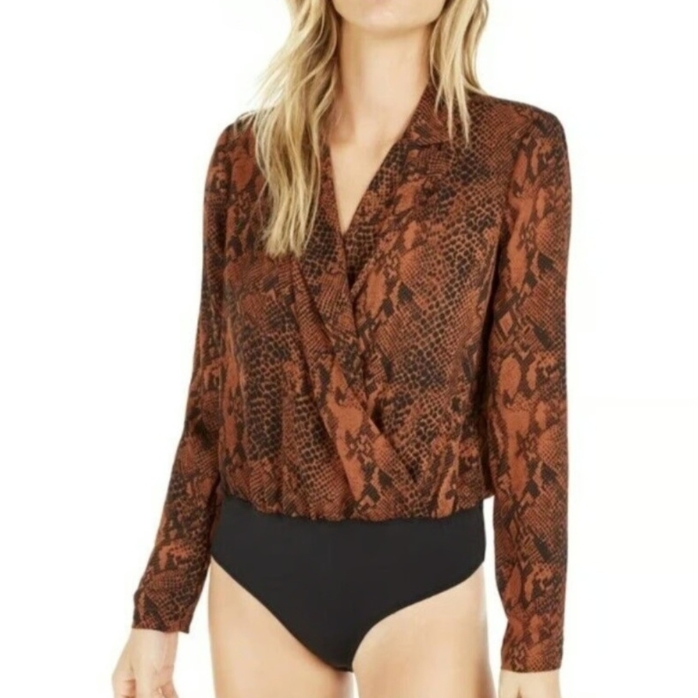 Lulu's Brown and Black Wrap Bodysuit with Notched Collar